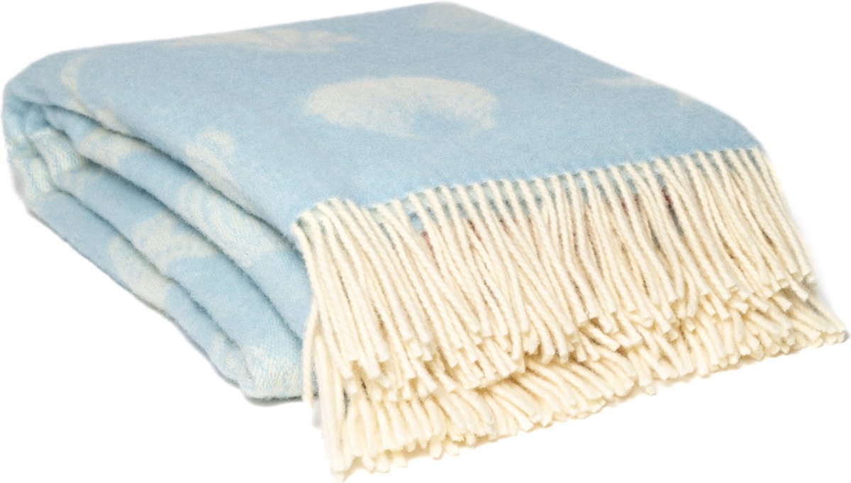 WOOOL Wollen Plaid - SHELLS (Blauw) - 130x190cm - Omkeerbaar Licht Blauw