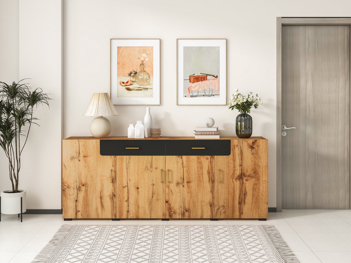 Credenza Cucina Con 4 Ante E 2 Cassetti - 208x39.5x80cm, Design Moderno, Bianco/Marrone - Foto 10