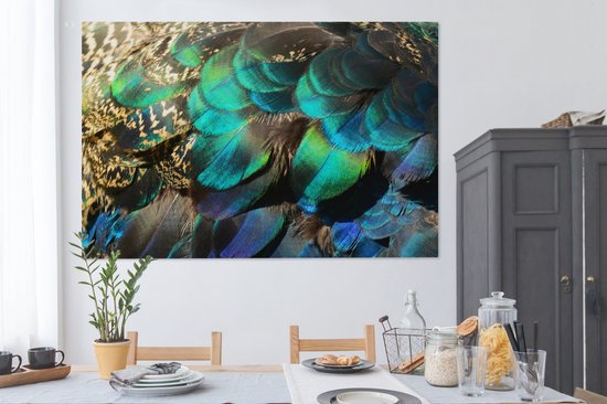 Peinture sur Toile Ressorts - Plumes de Paon - Paon - Blauw - Art - 180x120 cm - Décoration murale XXL