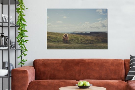 Peinture sur toile Highlanders écossais - Herbe - Nuages ​​- Animaux - 140x90 cm - Décoration murale