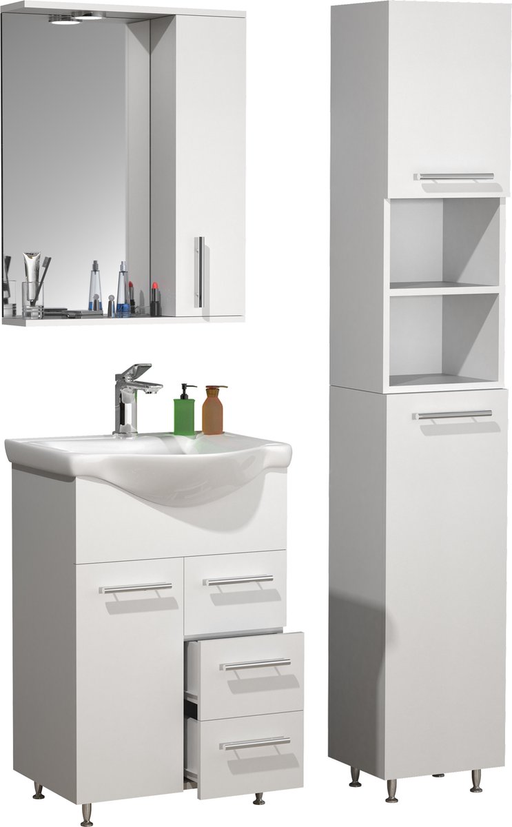VCM 4-tlg. Waschplatz Waschtisch Badmöbel Set Waschbecken Schublade Spiegelschrank Lisalo L