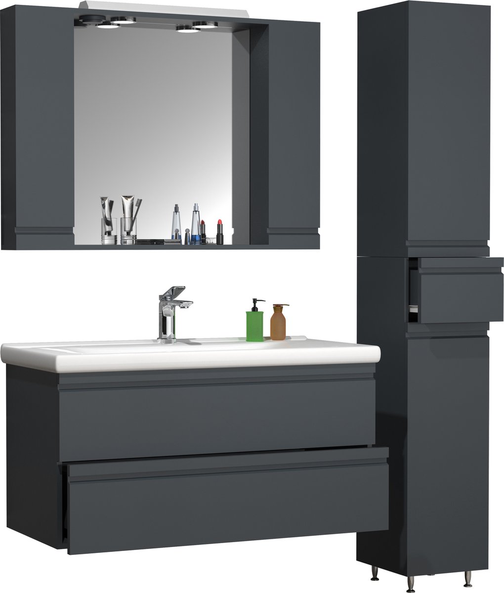 VCM 4-tlg. Waschplatz Waschtisch 100 cm Badmöbel Set Waschbecken grifflose Schublade Spiegelschrank Hochschrank Silora XL