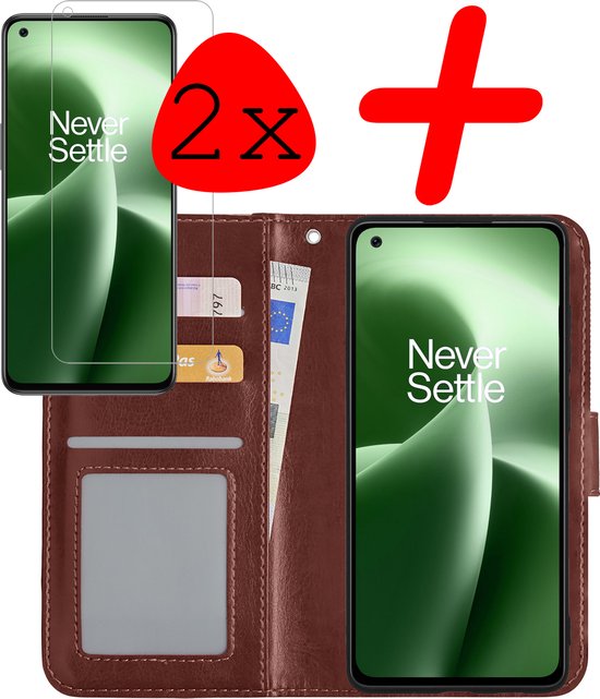 OnePlus Nord 2T Case Bookcase Cover Flip Case Book Cover 2x Avec Protecteur d'écran - OnePlus Nord 2T Cover Book Case Cover - Marron