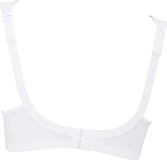 Witte beugelvrije bh met brede bandjes, geperforeerd netdetail bij de cups en haaksluiting aan de voorkant.