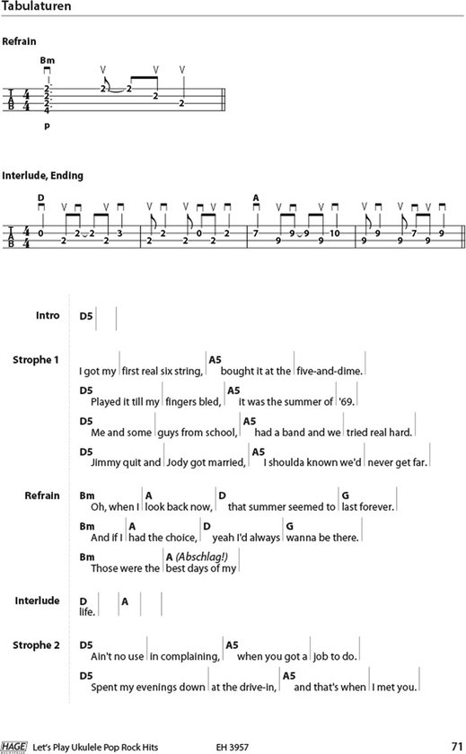 Partition avec tablature et paroles pour ukulélé : "Summer Of '69 Bryan Adams".
