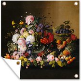 Tuindoek Stilleven met bloemen en fruit - Kunstwerk - Oude meesters - 100x100 cm
