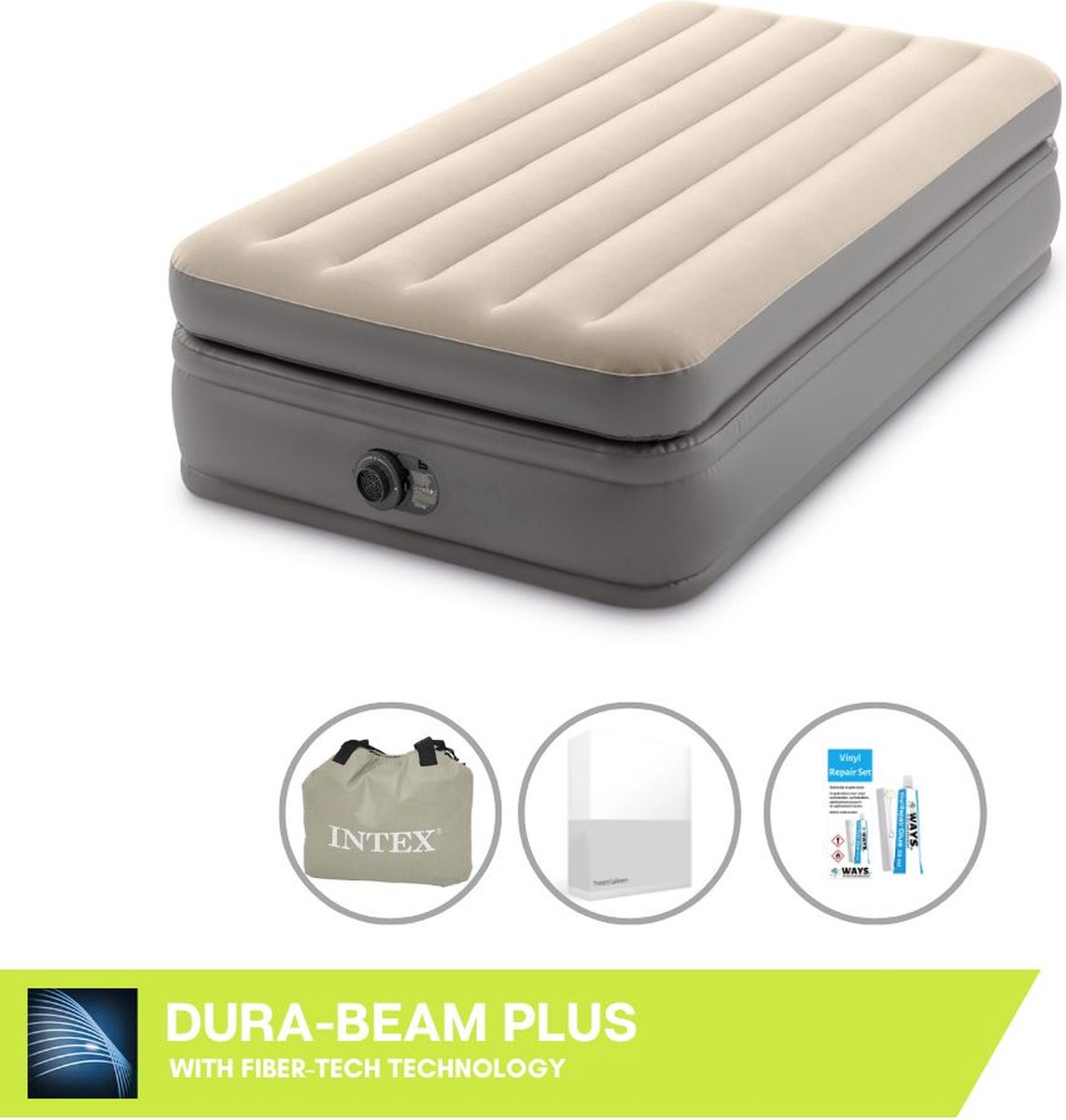 Intex Luchtbedset- 1-Persoons - 99 x 191 x 51 cm - Grijs - Met Ingebouwde pomp + Hoeslaken Wit + Reparatieset