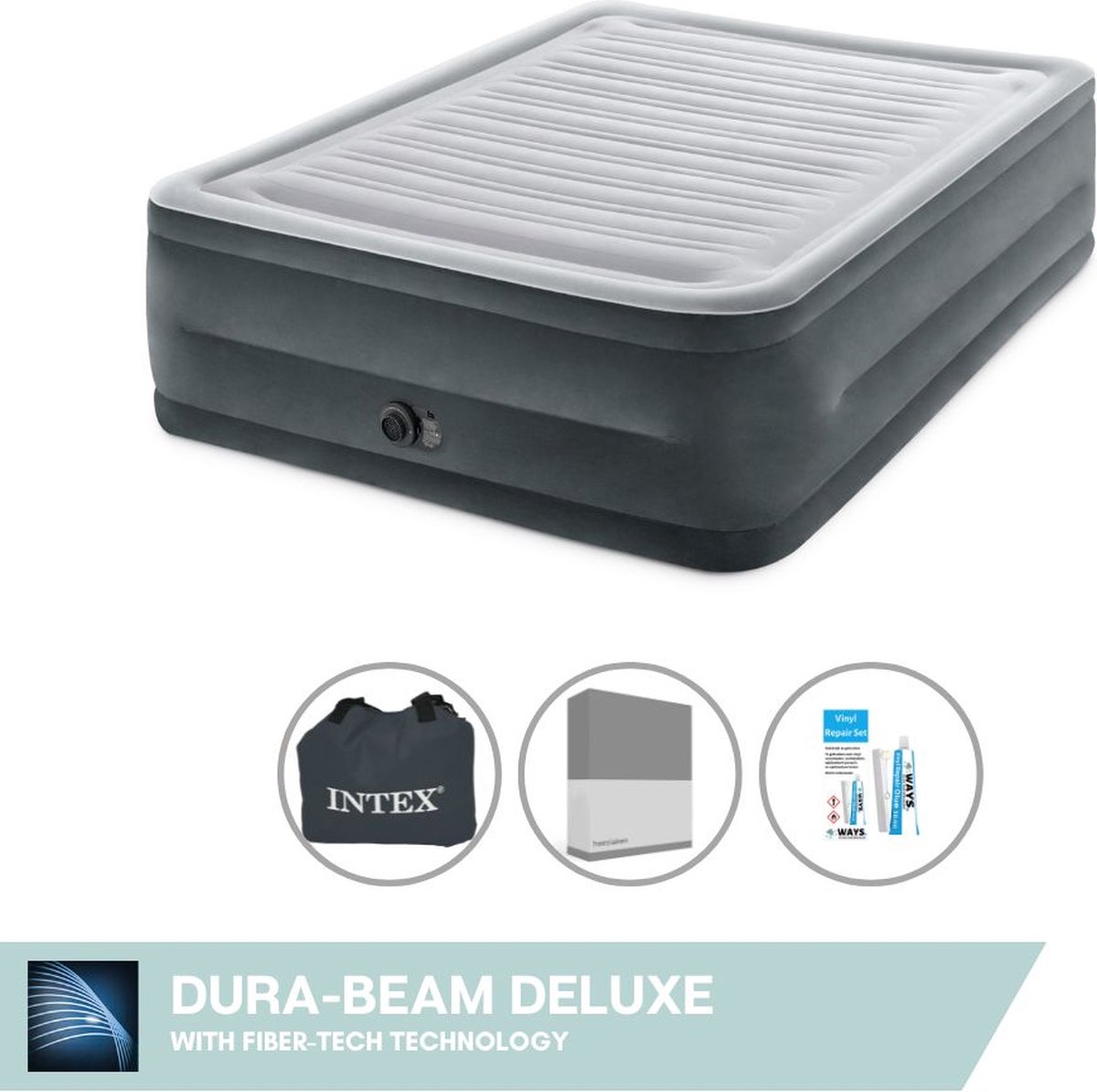 Intex Luchtbed - 2-Persoons - 152 x 203 x 33 cm - Grijs - Met ingebouwde pomp + Hoeslaken Antraciet + Reparatieset