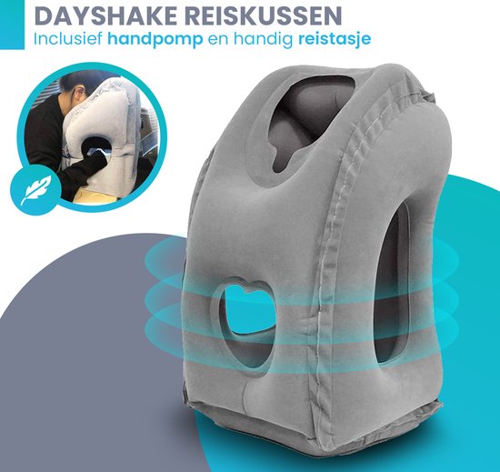 Dayshake Multifunctioneel Reiskussen - Met Handpomp en Opbergzak - Grijs - Nekkussen - Vliegtuig en Auto - Opblaasbaar - Dayshake
