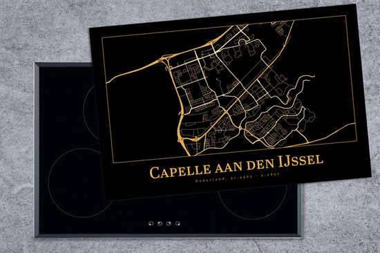 KitchenYeah® Inductie beschermer 81.6x52.7 cm - Kaart - Capelle aan den IJssel - Zwart - Goud - Kookplaataccessoires - Afdekplaat voor kookplaat - Inductiebeschermer - Inductiemat - Inductieplaat mat