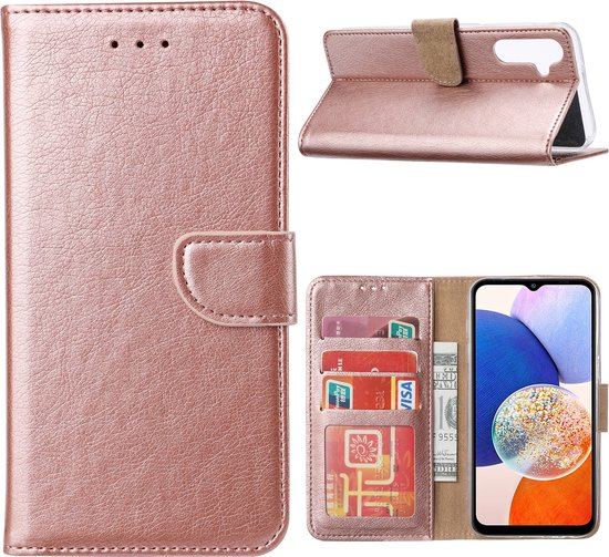 Étui de téléphone or rose, style portefeuille, avec fentes pour cartes et téléphone.