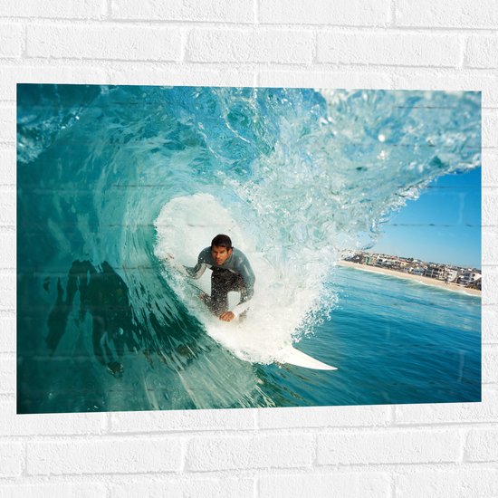 Muursticker - Surfer in Actie op Wilde Golf - 80x60 cm Foto op Muursticker