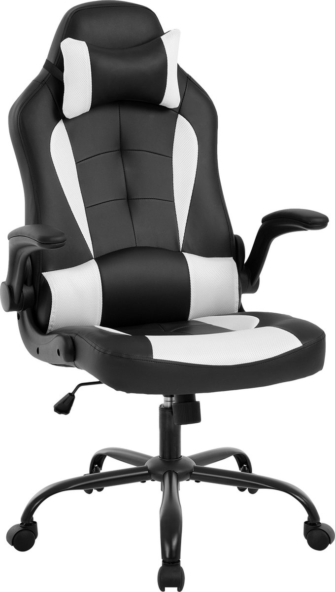 Best Office OC-RC66-White, Ergonomische gaming stoel met hoofsteun en lendensteun, PU-leer bureaustoel, verstelbaar, draaibaar, zwart/ wit