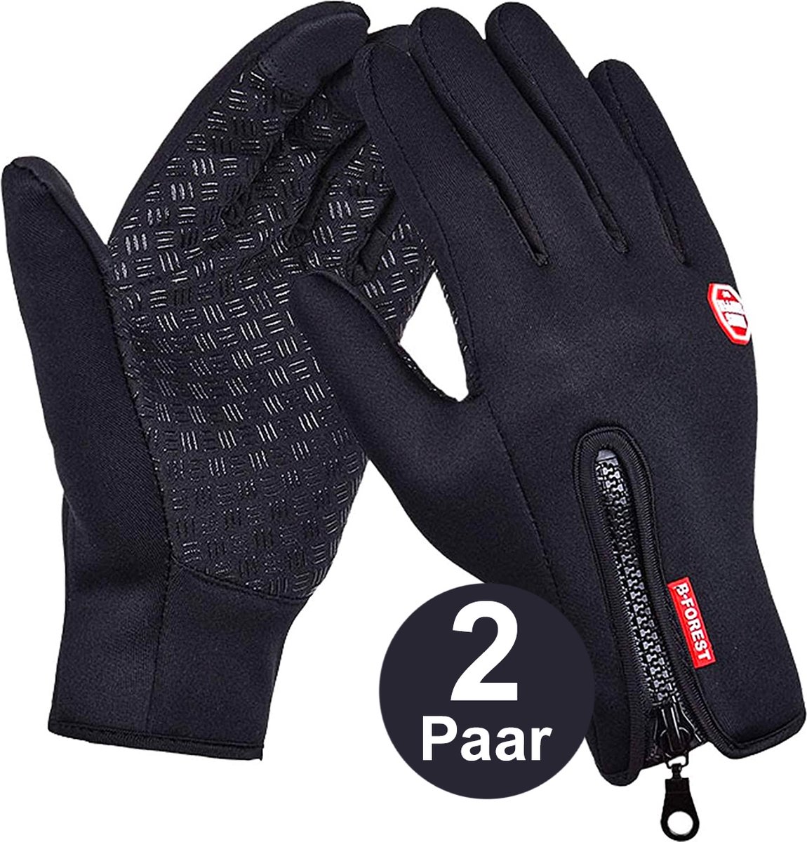 Fietshandschoenen Winter - Handschoenen - Sport Handschoenen Met Rits - Touchscreen Telefoon - Anti Slip Gloves - Heren / Dames - Maat XL - Zwart - 2 Paar - Cadeautje - Valentijn