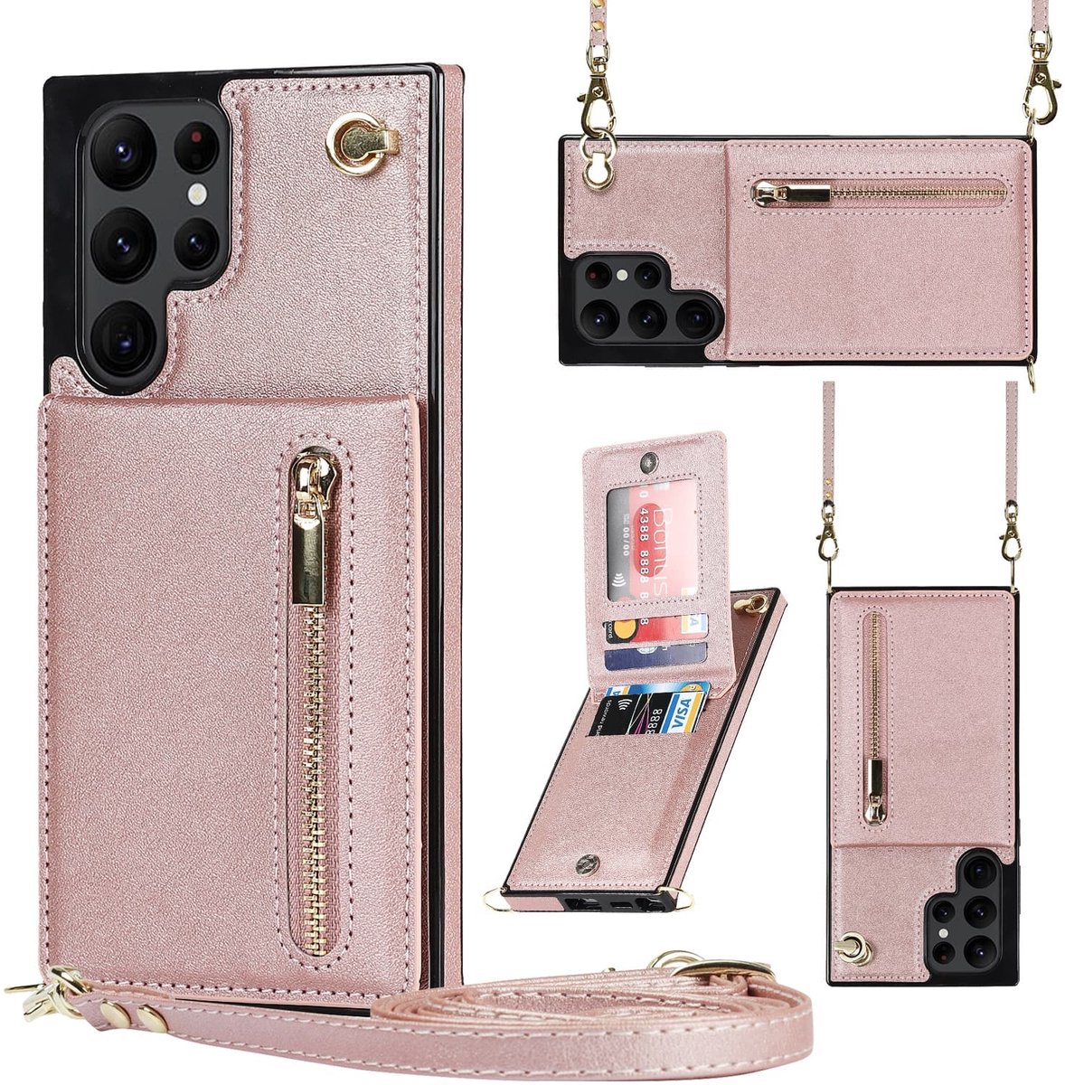 Wallet hoesje met koord geschikt voor Samsung S22 Ultra - Rosegoud