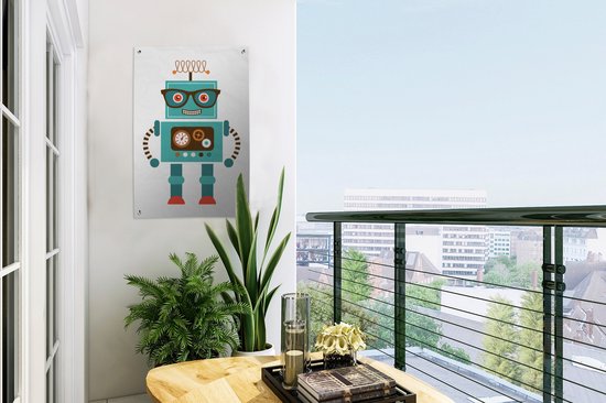 Tuinposter 40x60 cm - Tuindecoratie Robot - Bril - Tandwielen - Gezicht - Jongens - Kids - Poster voor in de tuin - Buiten decoratie - Schutting tuinschilderij - Tuindoek muurdecoratie - Wanddecoratie balkondoek