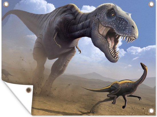 Affiche de jardin Dino - Animaux sauvages - Dessin - Enfants - Garçons - Enfants - 130x90 cm - Décoration murale Extérieur - Affiche de jardin - Toile de jardin - Affiche de clôture - Peinture de jardin