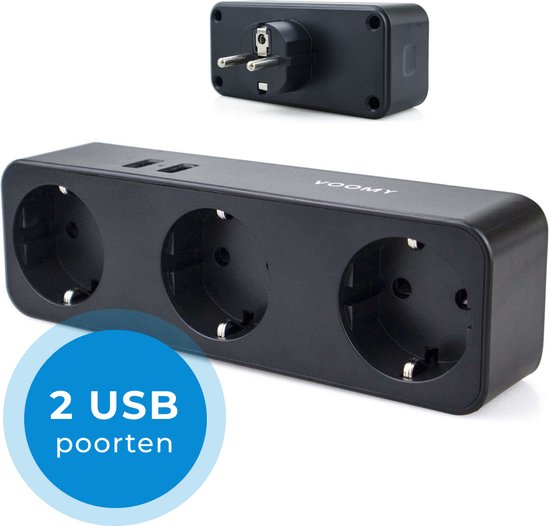 Foto: Voomy verdeelstekker 3 voudig stopcontact splitter 2 usb poorten zwart