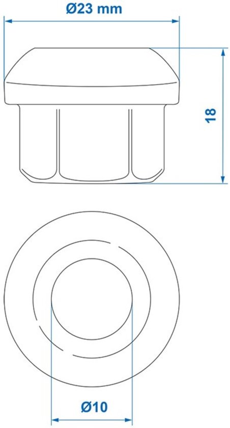 Technische tekening van een wielmoer met afmetingen: Ø23 mm, 18 mm hoogte en Ø10 mm binnenmaat.