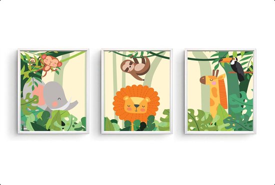 Postercity - Poster Set 3 blije lachende leeuw olifant aapje giraf toekan - Jungle/Safari Dieren Poster - Kinderkamer / Babykamer - 30x21cm / A4