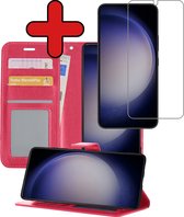 Hoesje Geschikt voor Samsung S23 Hoesje Book Case Hoes Portemonnee Cover Walletcase Met Screenprotector - Hoes Geschikt voor Samsung Galaxy S23 Hoes Bookcase Hoesje - Donkerroze