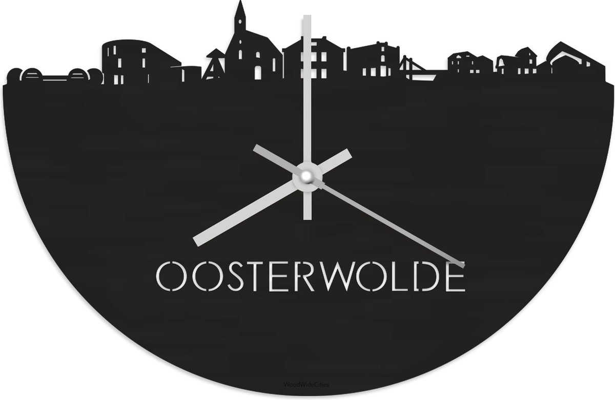 Skyline Klok Oosterwolde Zwart hout - Ø 40 cm - Stil uurwerk - Wanddecoratie - Meer steden beschikbaar - Woonkamer idee - Woondecoratie - City Art - Steden kunst - Cadeau voor hem - Cadeau voor haar - Jubileum - Trouwerij - Housewarming -