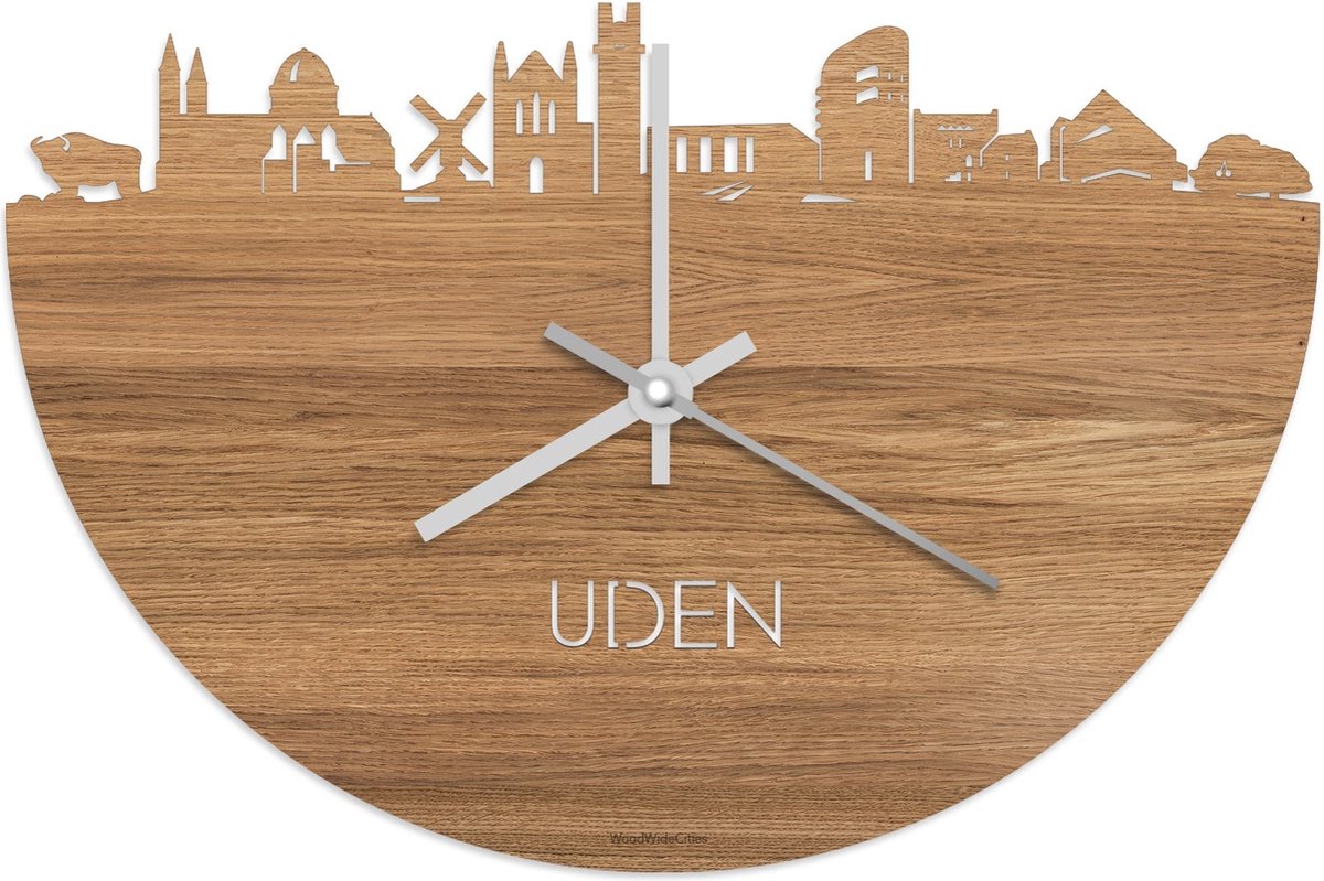 Skyline Klok Uden Eikenhout - Ø 40 cm - Stil uurwerk - Wanddecoratie - Meer steden beschikbaar - Woonkamer idee - Woondecoratie - City Art - Steden kunst - Cadeau voor hem - Cadeau voor haar - Jubileum - Trouwerij - Housewarming - WoodWideCities