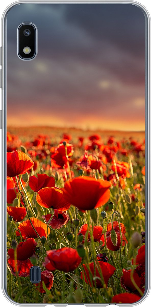 Telefoonhoesje Geschikt voor Samsung Galaxy A10 hoesje - Zonsondergang bij een veld vol Klaprozen - Siliconen Telefoonhoesje Telefoonhoesje
