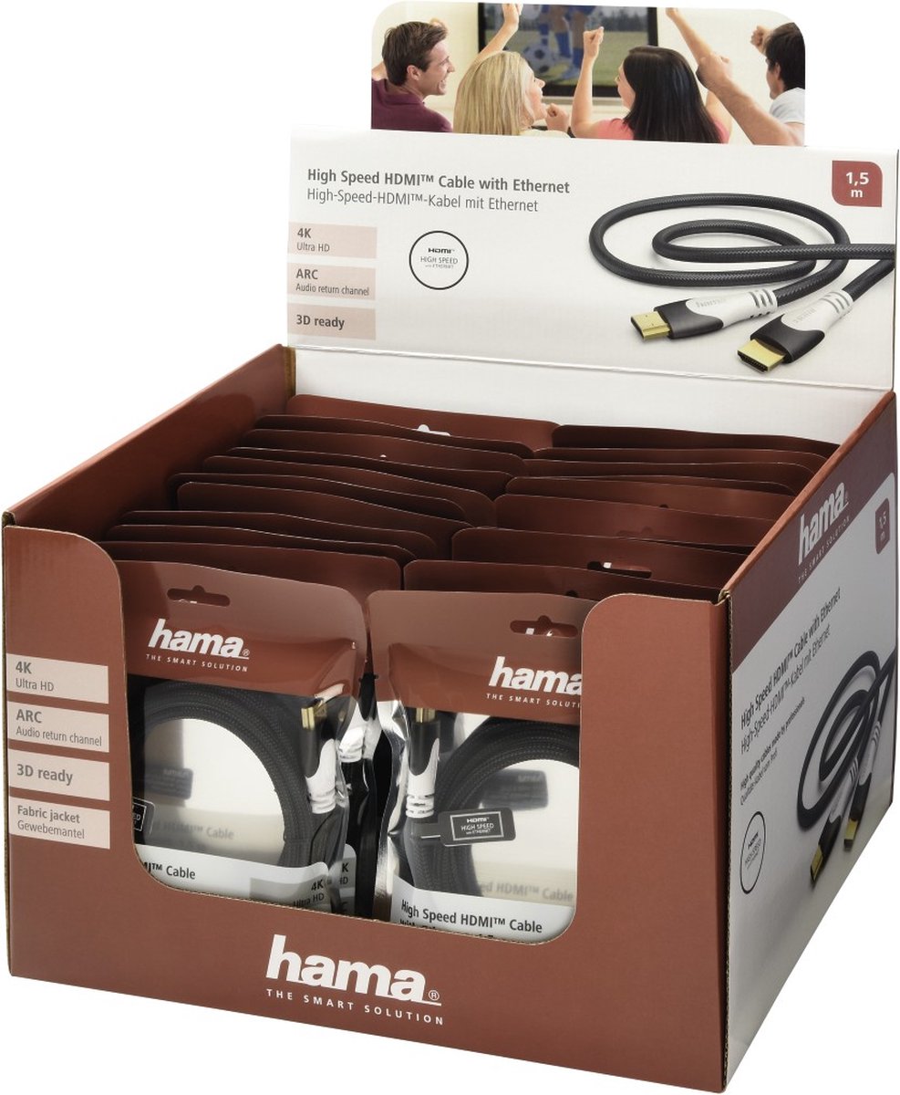 Hama High-speed HDMI™-kabel, st.-st., Ethernet, stof, verguld, zwart, 1,5 m
