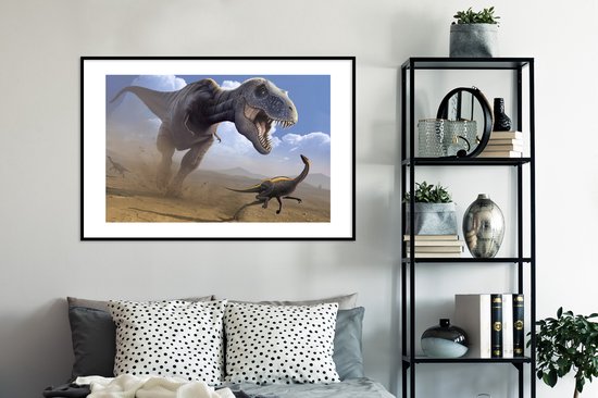 Photo encadrée - Une illustration d'un cadre photo dinosaure de chasse noir avec passe-partout blanc xxl 120x80 cm - Affiche encadrée (Décoration murale salon / chambre)