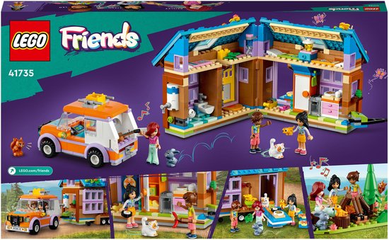 De verpakking van LEGO Friends 41735, met een speelgoedauto, caravan, huisje, poppetjes en dieren op de voorkant.