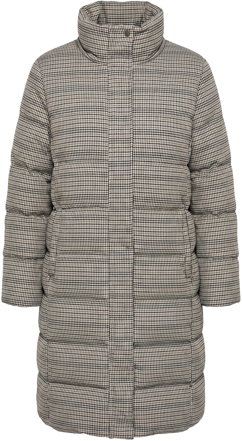 Ulla Popken - Dames - Doorgestikte mantel pied-de-poule-patroon opstaande kraag - Off-white - Maat 50+