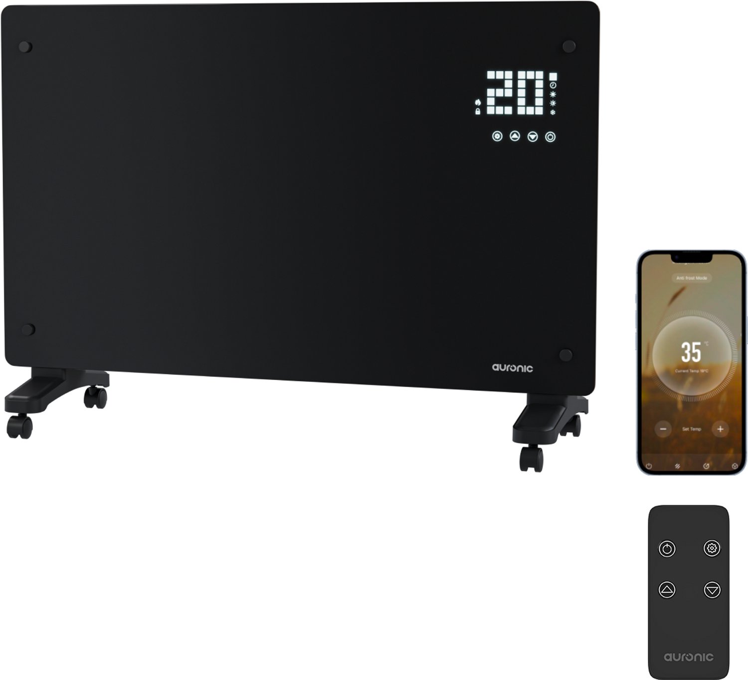 Auronic Elektrische Kachel Met App- 2000W - Convectorkachel Met Smart App & Afstandsbediening - Heater - Glazen Paneelverwarming - Badkamerverwarming - Zwart