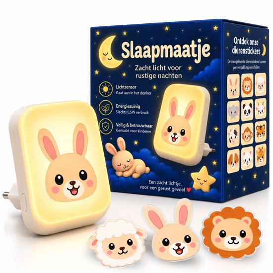 Verpakking 'Slaapmaatje' met lampje en diverse dierstickers om te personaliseren.
