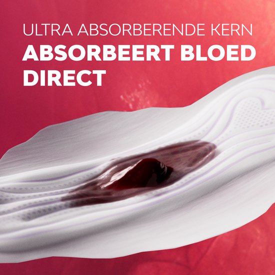 Maandverband met ultra absorberende kern, absorbeert bloed direct.