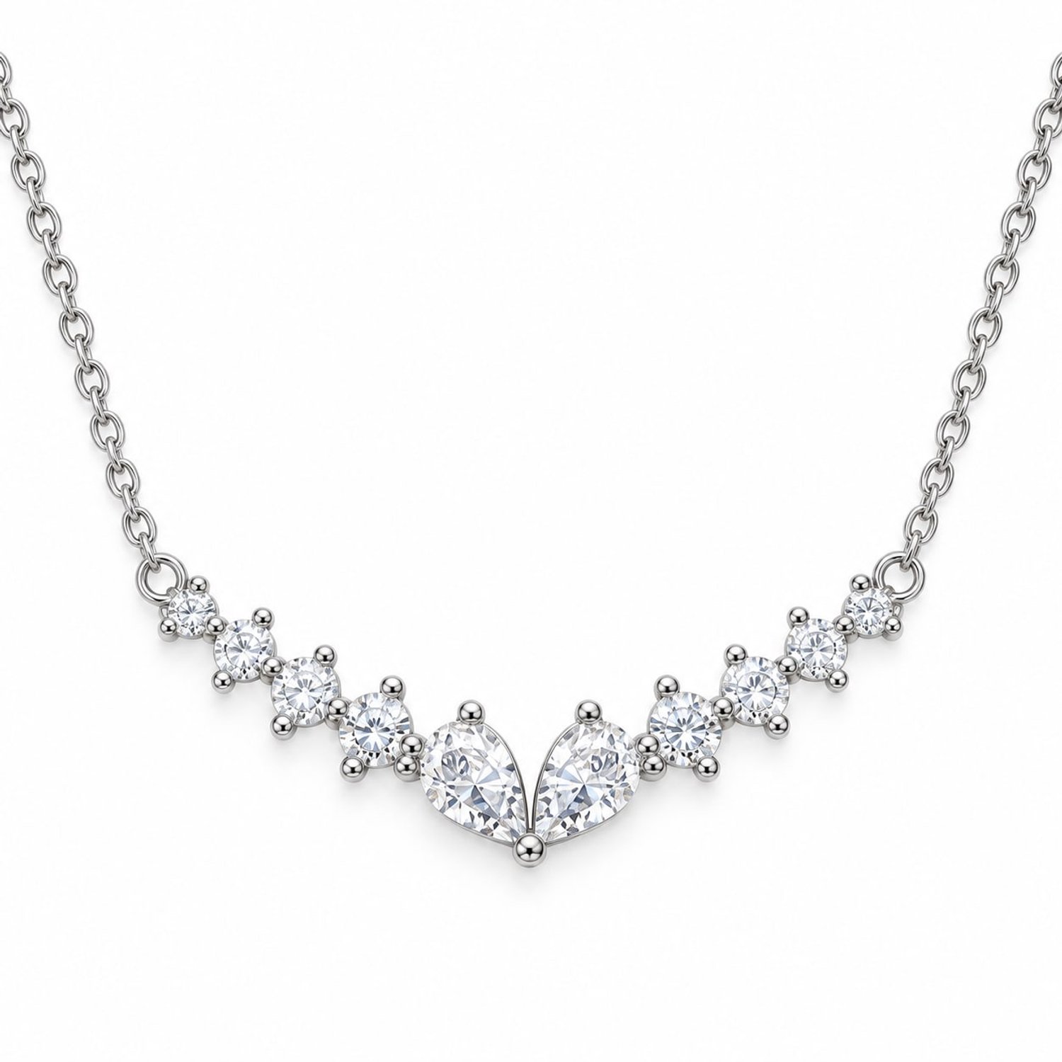Ketting met gebogen rij zirkonia - Dames Ketting - 43 cm - 925 Zilver - Zilverkleurig