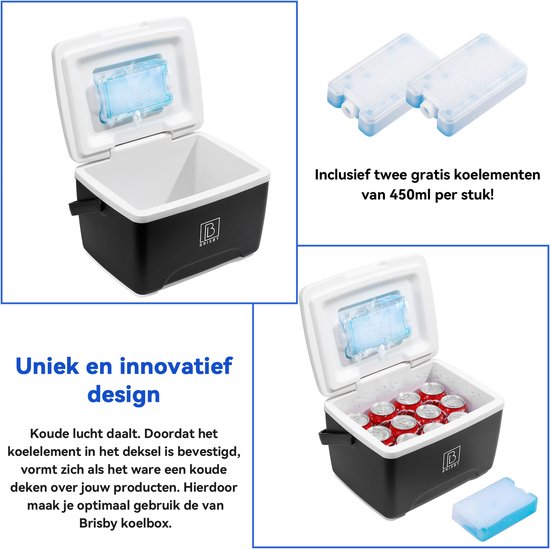 Brisby Koelbox - Frigobox - 8L - Zwart - Tot maximaal 40 uur isolatie - Incl. 2 dikke koelelementen van 450ml - Met koelelementen vergrendeld in deksel en Brisby 500ml Zwarte Dubbelwandige Thermosfles van Brisby — afbeelding 3