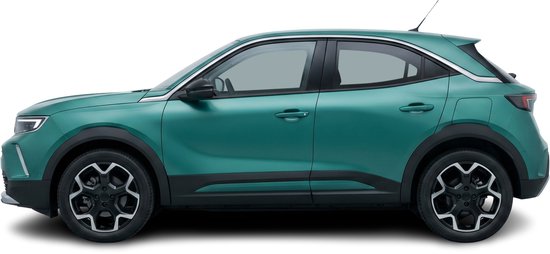 Zijprofiel van een mintgroene Opel Mokka-e, met zwarte accenten en dakrails.