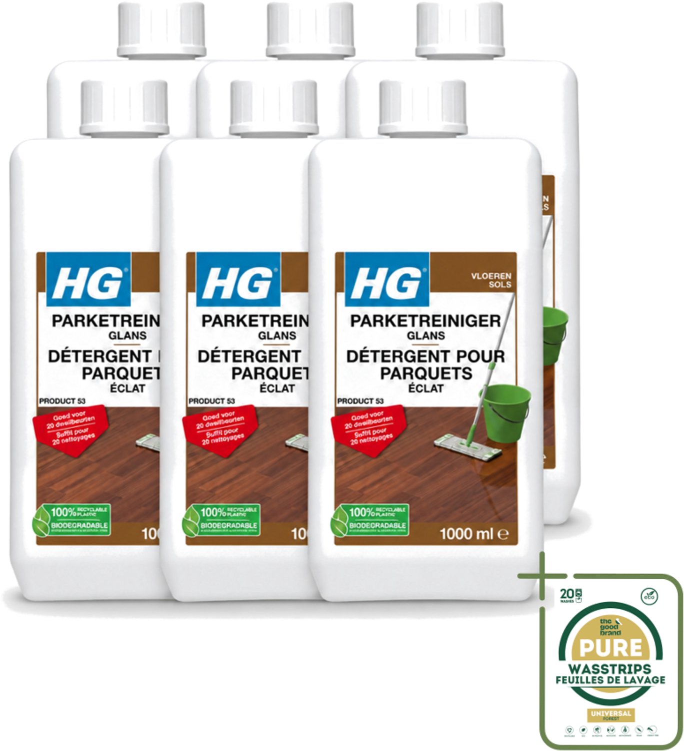 6 x HG - Vloeren - Parketreiniger Glans - 20 Dweilbeurten - 1L - Wasstrips - Parket Reinigen - Parket Glans Herstellen - Parket Reiniger - Parketvloer Reinigen - Parketvloer Beschermen