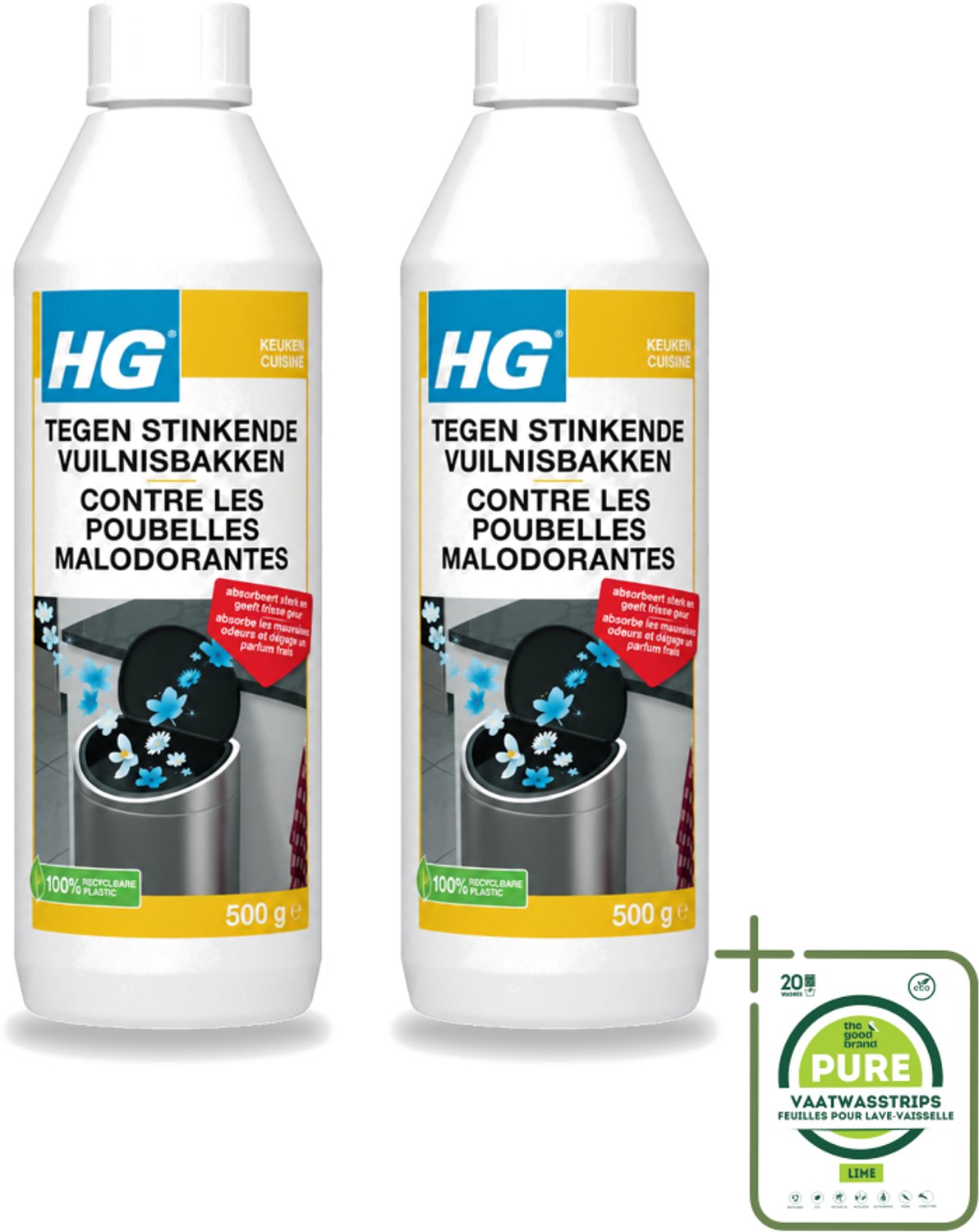 2 x HG - Tegen Stinkende Vuilnisbakken - Neutraliseert Geuren - 500 g - Grootverpakking - Stinkende Vuilnisbakken - Geurneutraliseren - Afvalgeuren - Vuilnisbak Geuren - Afvalcontainer Geuren