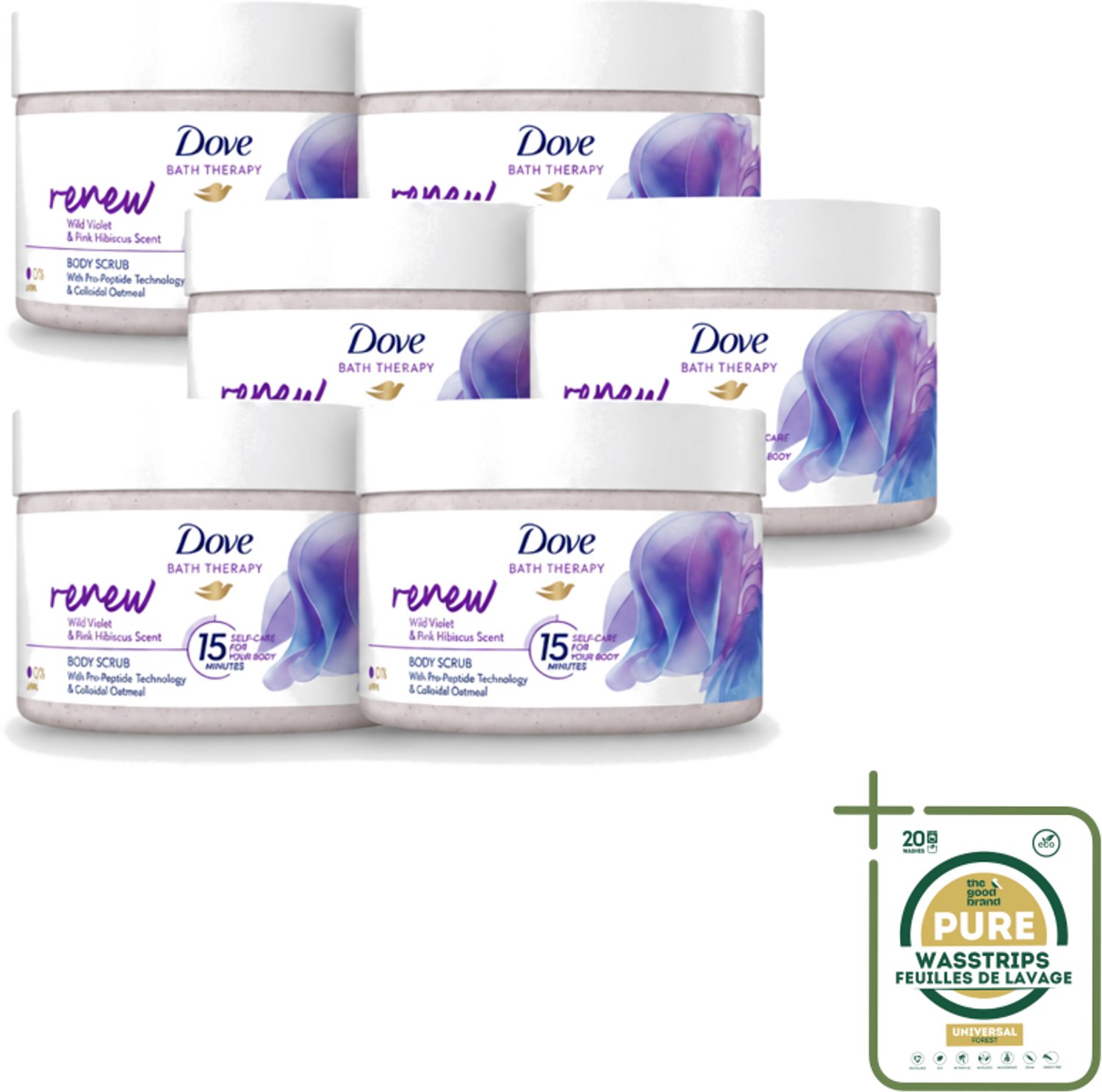 6 x Dove Bath Therapy Renew - Bodyscrub - Wilde Viooltjes & Roze Hibiscus - 295 ml - Wasstrips - Huidvernieuwing - Huidscrub - Exfoliatie - Zachte Huid - Huidverzorging