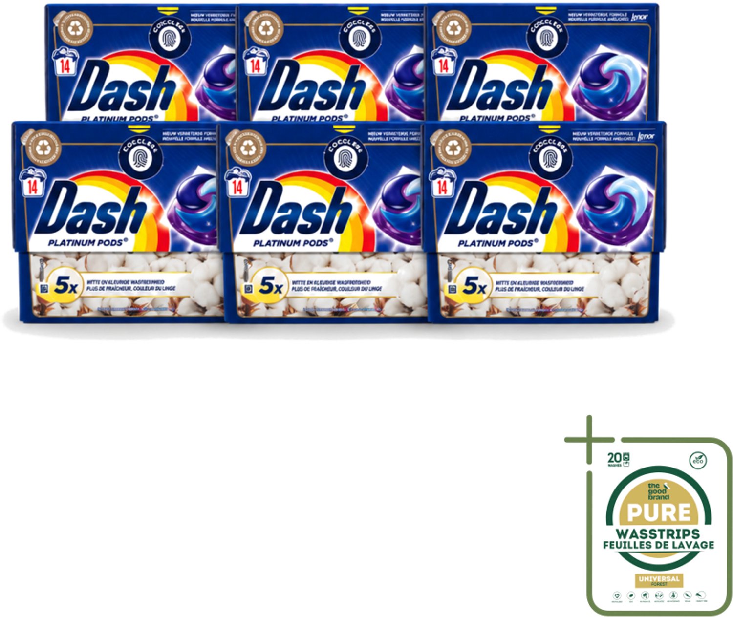 6 x Dash Platinum - Wasmiddel Capsules - Witte en Gekleurde Was - Frisheid van Katoen - 14 Wasbeurten - Wasstrips - Wasmiddel - Wascapsules - Wasbeurten - Vlekverwijdering - Katoenfrisheid