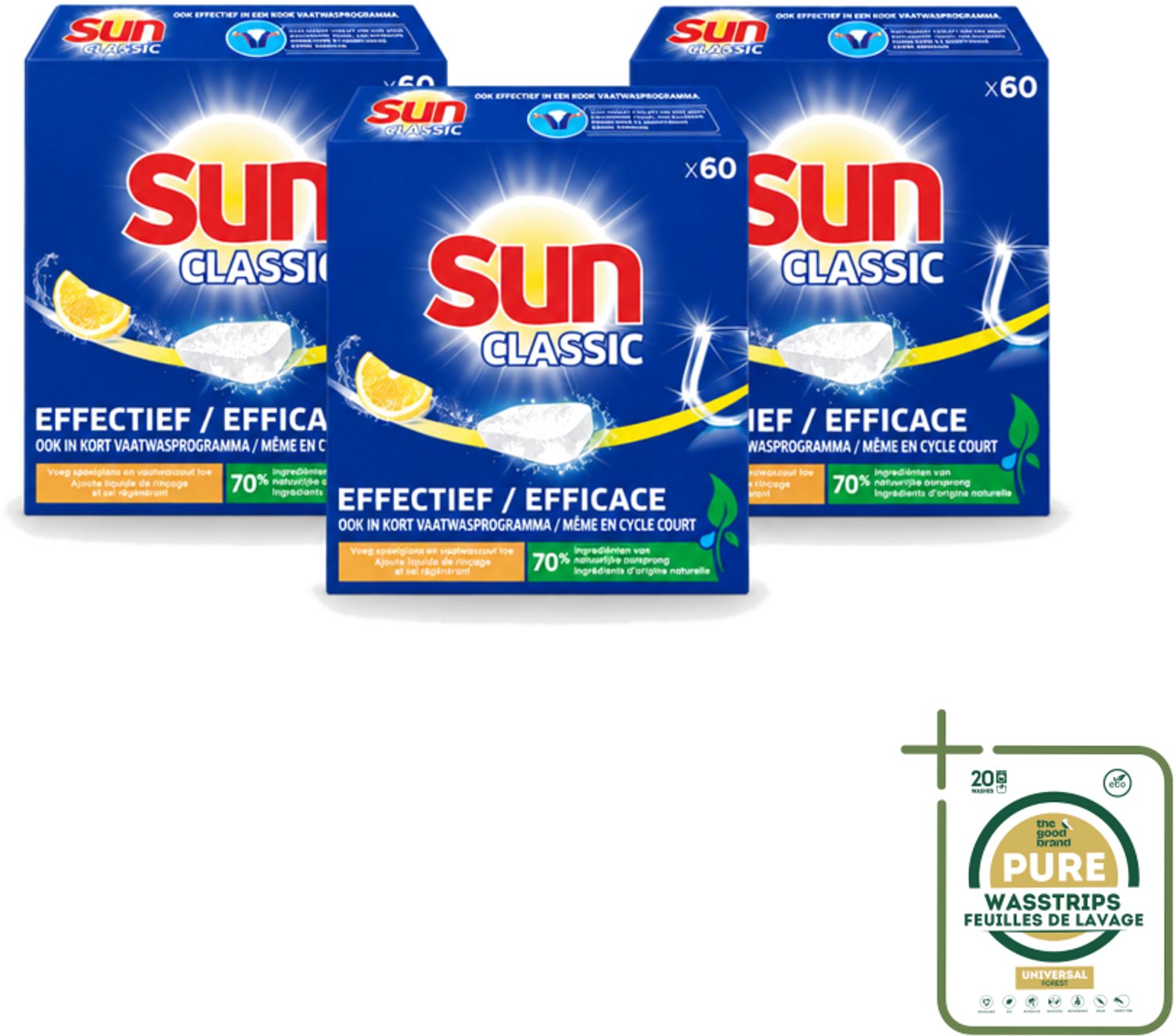 3 x Sun Classic - Vaatwastabletten - Voordeelverpakking - Citroen - 60 Tabletten - Wasstrips - Vaatwastabletten - Citroengeur - Vaatwasser - Fosfaatvrije - Milieuvriendelijk