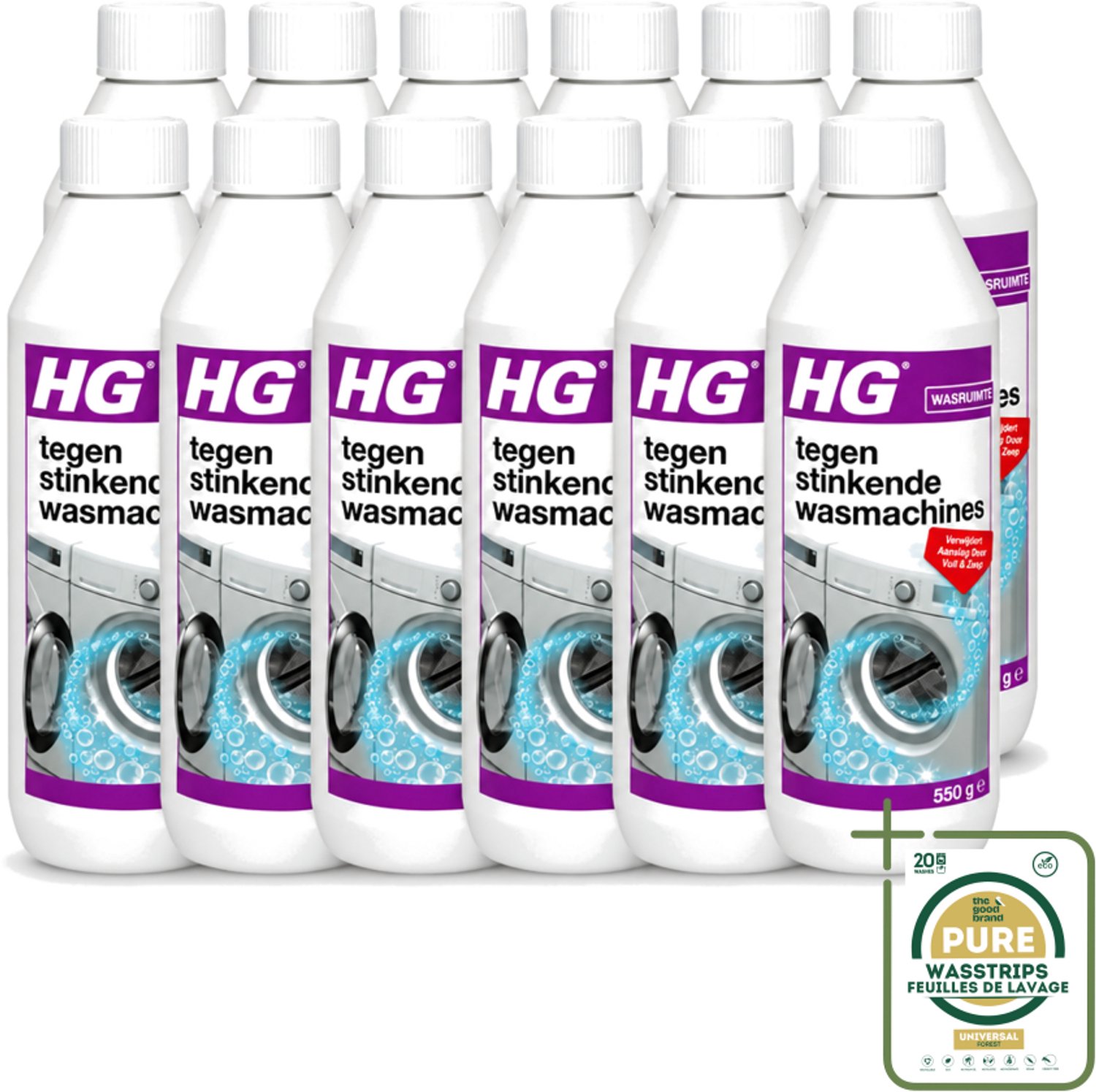 12 x HG - Tegen Stinkende Was - Verwijdert Aanslag Door Vuil & Zeep - 550 g - Wasstrips - Wasmachine Reiniger - Stinkende Wasmachine - Wasmachine Aanslag - Wasmachine Vuil - Wasmachine Geur