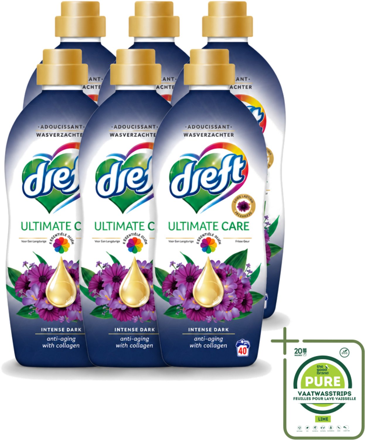 6 x Dreft – Wasverzachter – Ultimate Care Intense Dark – 40 Wasbeurten - Grootverpakking - Vaatwasstrips - Wasverzachter - Kleurbescherming - Collageen - Wasgoed Verzorgen - Anti-aging Was