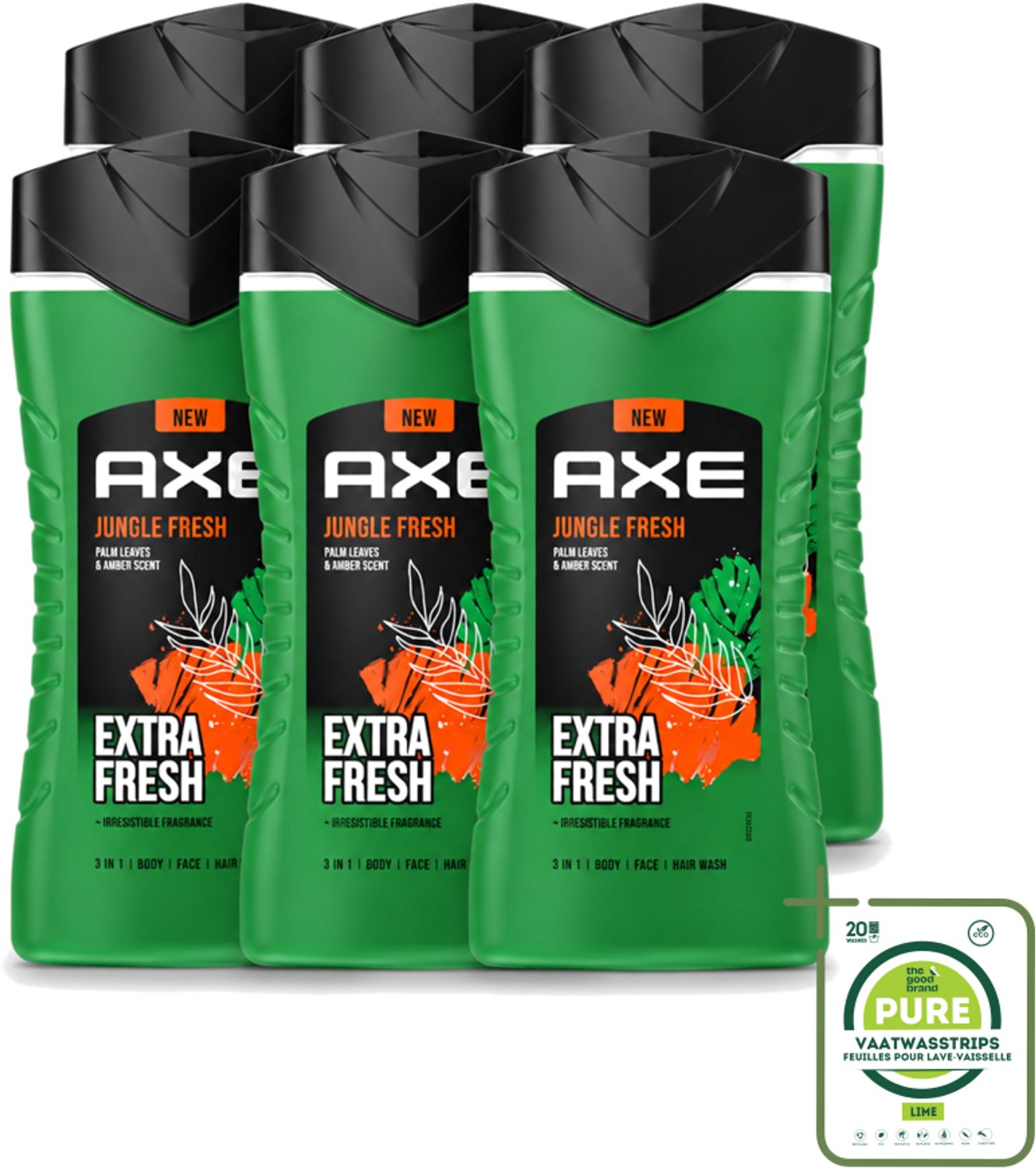 6 x Axe - 3-in-1 Douchegel - Jungle Fresh - Palm Leaves & Amber - Extra Fresh - 250 ml - Grootverpakking - Vaatwasstrips - Douchegel - Lichaam - Gezicht - Haar - Frisheid