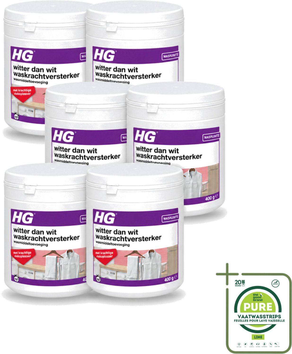 6 x HG - Wasruimte - Witter Dan Wit - Wasmiddeltoevoeging - 400 g - Grootverpakking - Vaatwasstrips - Wit Textiel - Wasmiddel - Waskracht - Witheid - Wasgoed