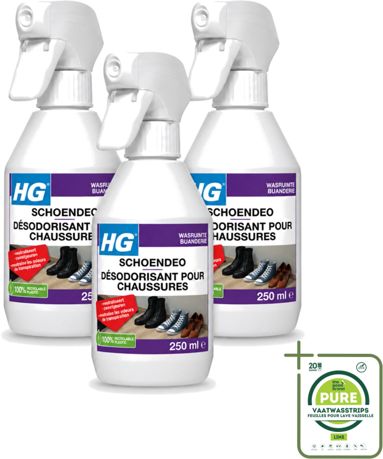 3 x HG - Schoendeo - Neutraliseert Zweetgeuren - Gemakkelijk in Gebruik - 250 ml - Grootverpakking - Vaatwasstrips - Schoenen Geur - Transpiratiegeur - Schoendeo - Schoenen Reinigen - Schoenen Fris