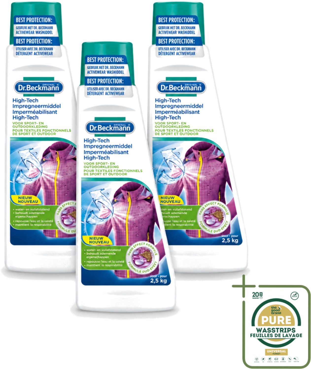 3 x Dr. Beckmann - High Tech Impregneermiddel - Sport- & Outdoorkleding - Witte en Gekleurde Was - 2.5 KG - Wasstrips - Sportkleding Beschermen - Waterafstotend Middel - Vuilafstotend Middel - Impregneermiddel Sportkleding - Kleding Beschermen