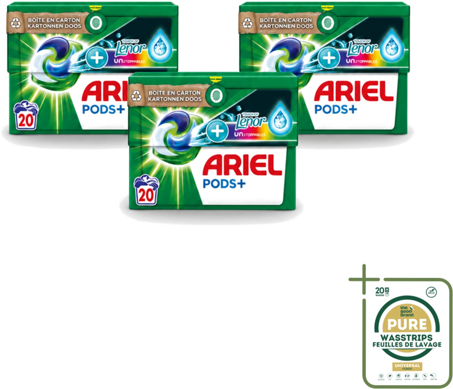 3 x Ariel Original - Touch of Lenor Unstoppables - Wasmiddelcapsules - Pods+ - Gekleurde Was - 20 Wasbeurten - Wasstrips - Wasmiddel Capsules - Gekleurde Was - Frisse Geur - Koud Water Was - Vlekverwijdering